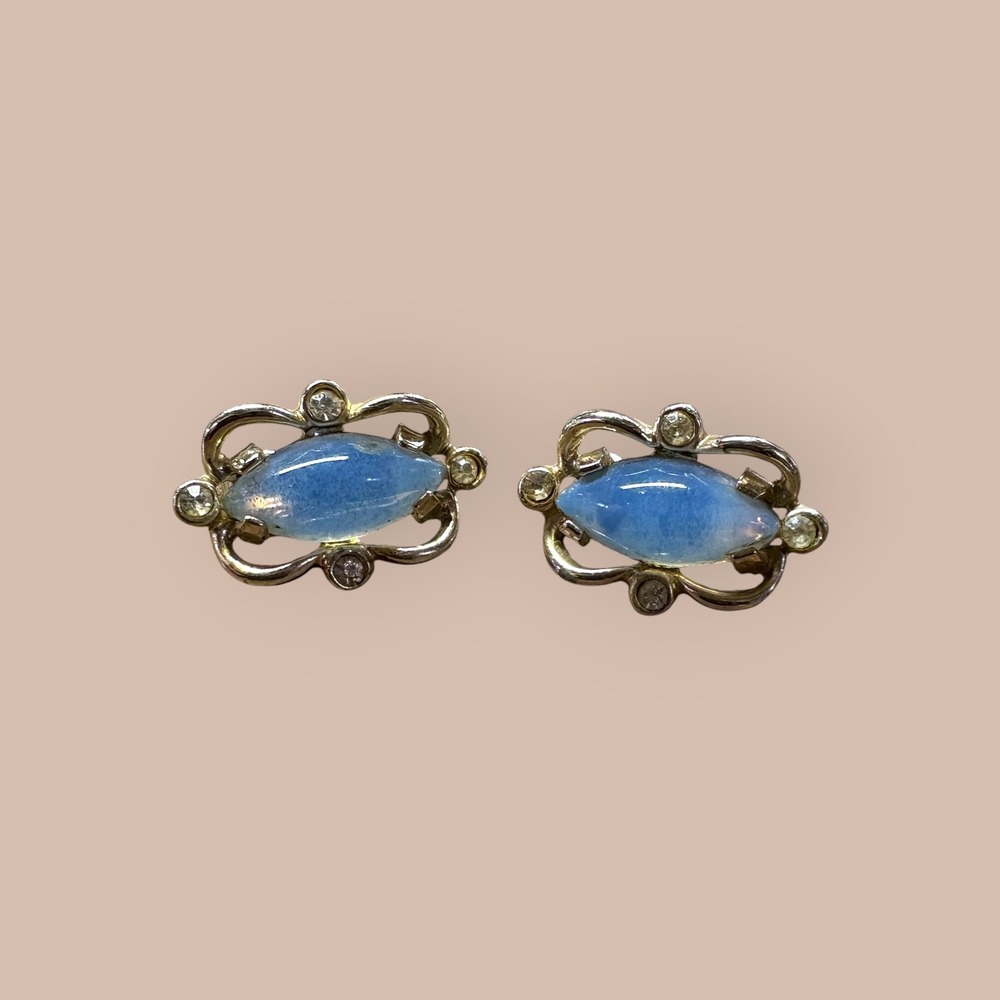 Sarah Coventry Clip On Earrings Vintage Rhinestone Blue Gold Tone Good Marquise